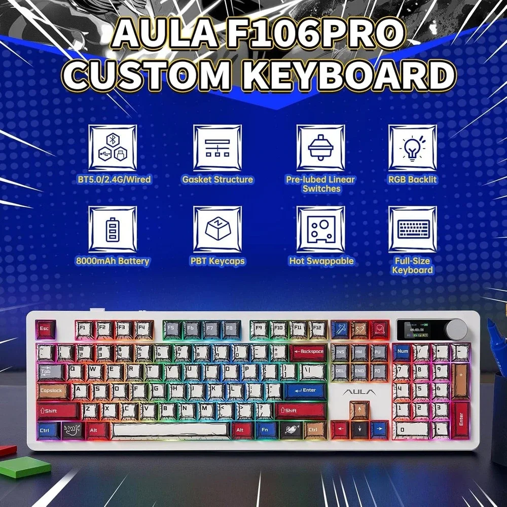 AULA F106 PRO Gaming Keyboard – Wireless RGB, Comic Mix, Blaze Hot-Swap